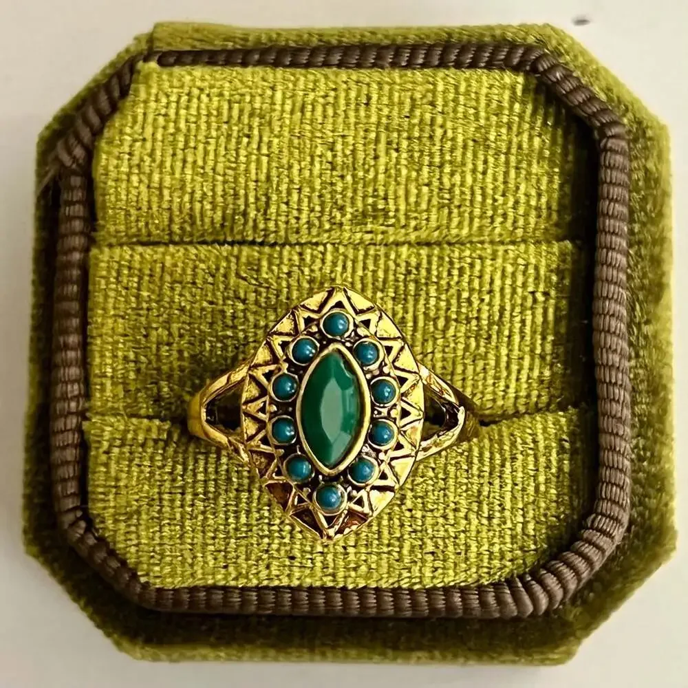 Green Onyx & Turquoise Marquise Titanium Steel Gold Tone Statement Ring Size 9